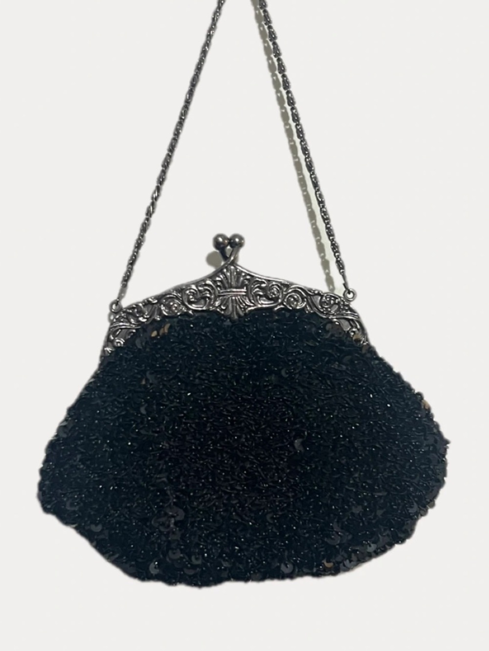 Black Beaded Evening Bag with Ornate Silver Accents